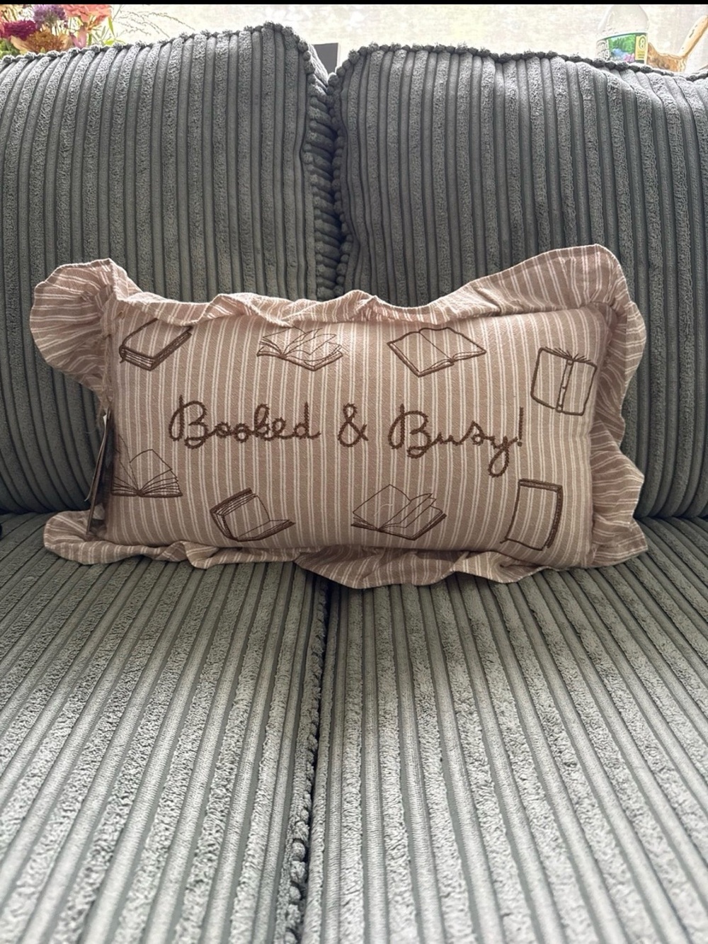 T.J.Maxx Taupe Striped 'Booked & Busy' Ruffled Pillow
